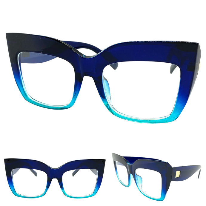 Oversized Exaggerated Vintage Retro Style Clear Lens EYEGLASSES Large Blue Optical Frame - RX Capable 13089