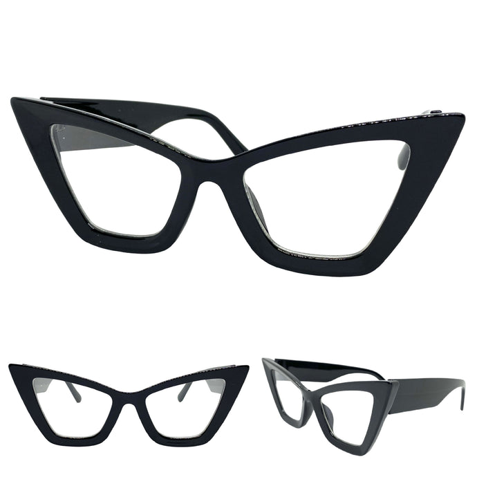 Oversized Exaggerated Retro Cat Eye Clear Lens EYEGLASSES Large Thick Black Optical Frame - RX Capable M459