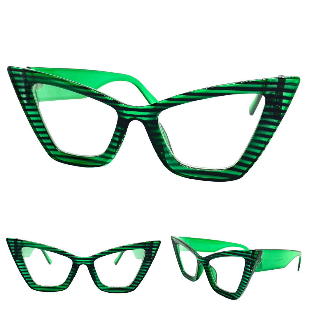 Oversized Exaggerated Retro Cat Eye Clear Lens EYEGLASSES Large Thick Green Optical Frame - RX Capable M459