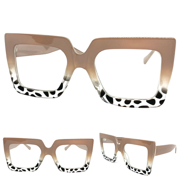 Oversized Vintage Retro Style Clear Lens EYEGLASSES Large Beige Optical Frame - RX Capable 1256
