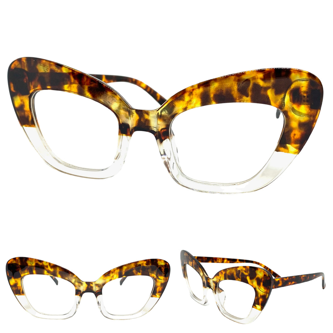 Classic Vintage Retro Cat Eye Style Clear Lens EYEGLASSES Large Tortoise Optical Frame - RX Capable 7725