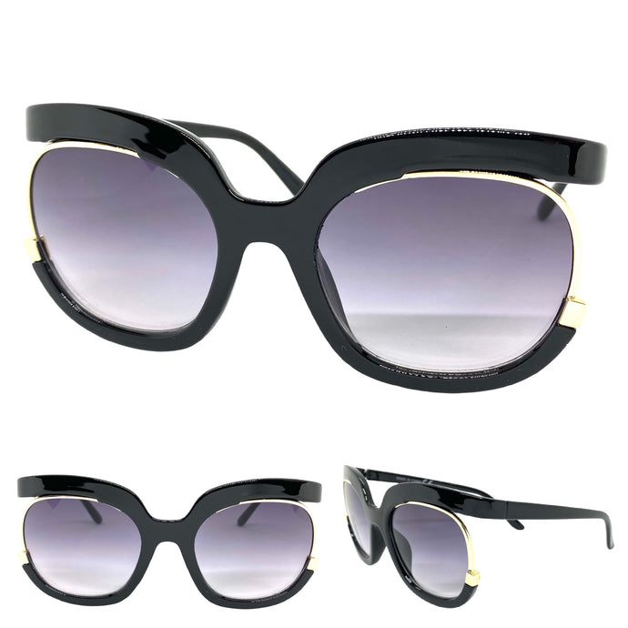 Oversized Vintage Retro Style SUNGLASSES Large Black & Gold Frame 2068