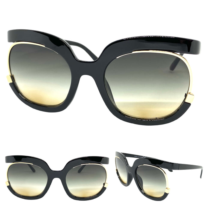 Oversized Vintage Retro Style SUNGLASSES Large Black & Gold Frame 2068