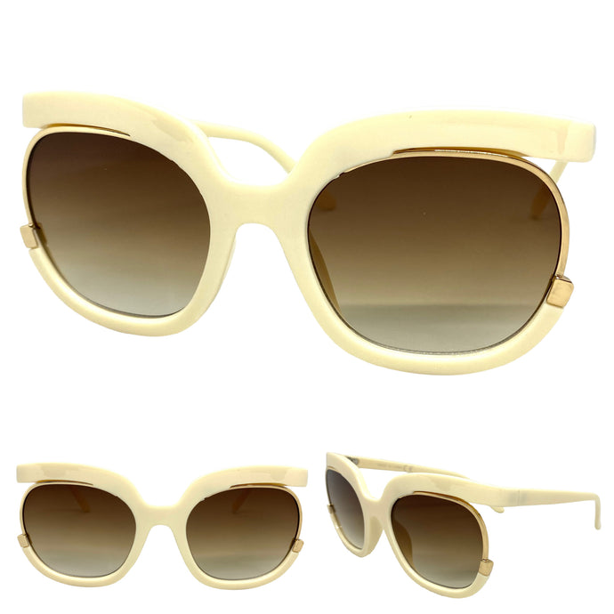 Oversized Vintage Retro Style SUNGLASSES Large Cream & Gold Frame 2068