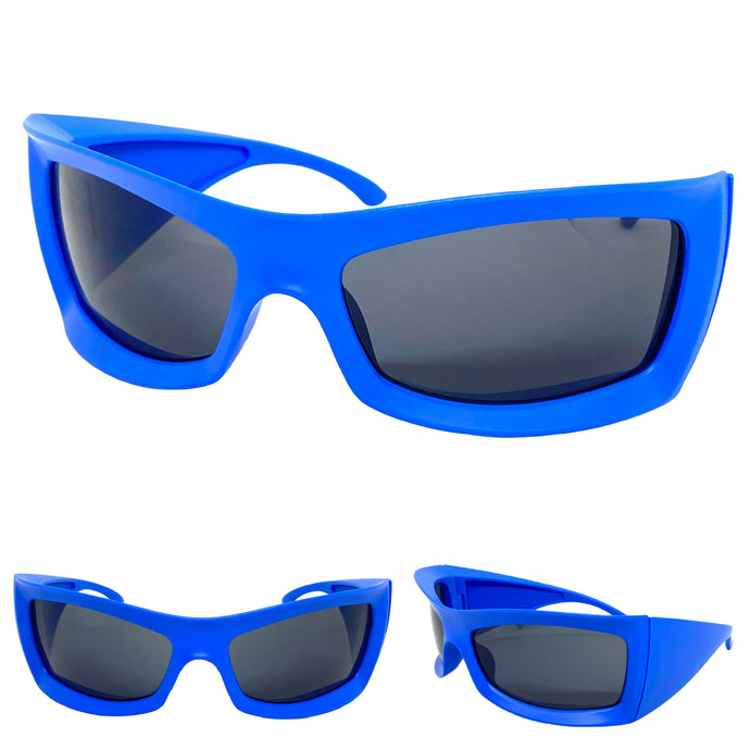 Oversized Retro Sporty Wrap Around SUNGLASSES Huge Thick Blue Frame 1189