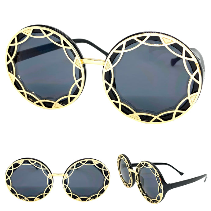 Oversized Vintage Retro Style SUNGLASSES Large Round Black & Gold Frame 1670