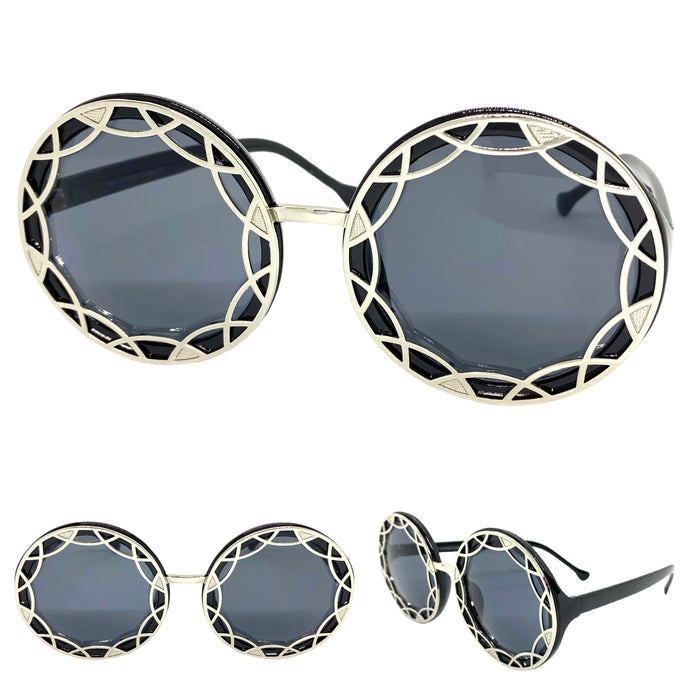 Oversized Vintage Retro Style SUNGLASSES Large Round Black & Silver Frame 1670