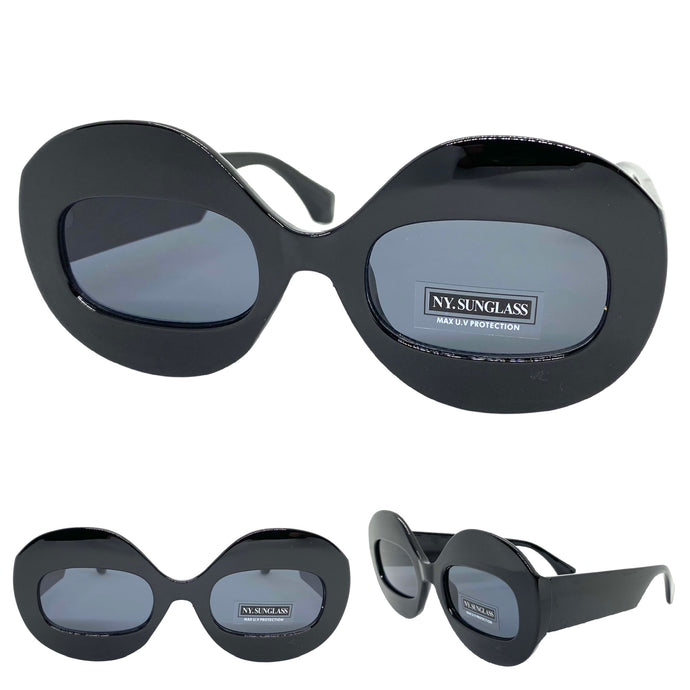 Oversized Vintage Retro Style SUNGLASSES Large Round Black Frame 4724
