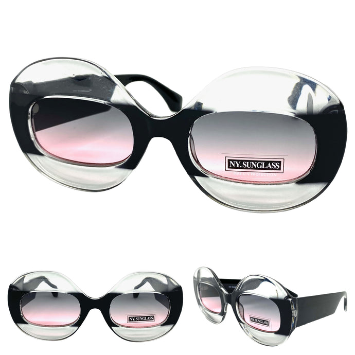 Oversized Vintage Retro Style SUNGLASSES Large Round Black Frame 4724