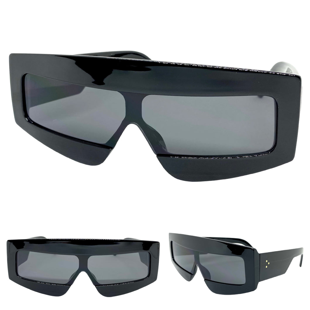 Oversized Modern Retro Shield Style SUNGLASSES Large Black Frame 2131