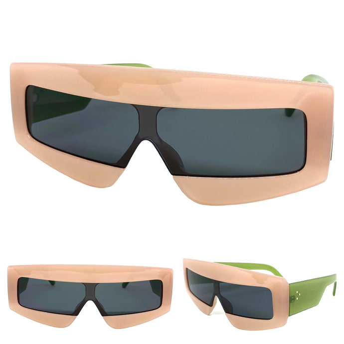 Oversized Modern Retro Shield Style SUNGLASSES Large Pink & Green Frame 2131