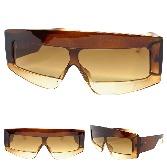 Oversized Modern Retro Shield Style SUNGLASSES Large Brown Frame 2131