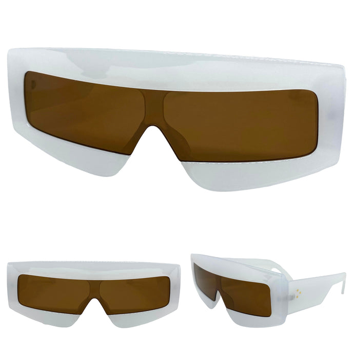 Oversized Modern Retro Shield Style SUNGLASSES Large Pearl White Frame 2131