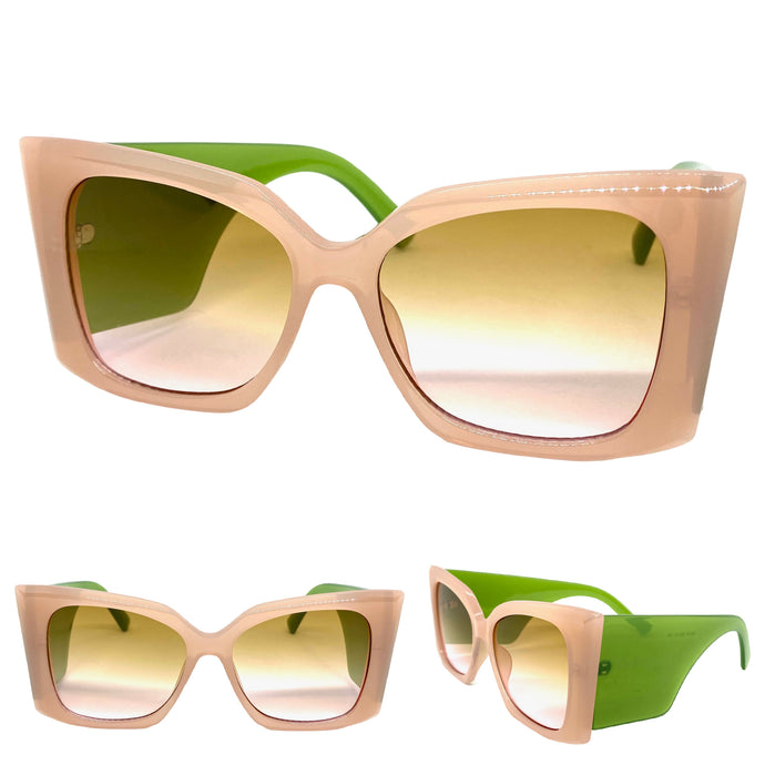 Oversized Exaggerated Retro Cat Eye Style SUNGLASSES Super Thick Pink & Green Frame 2147