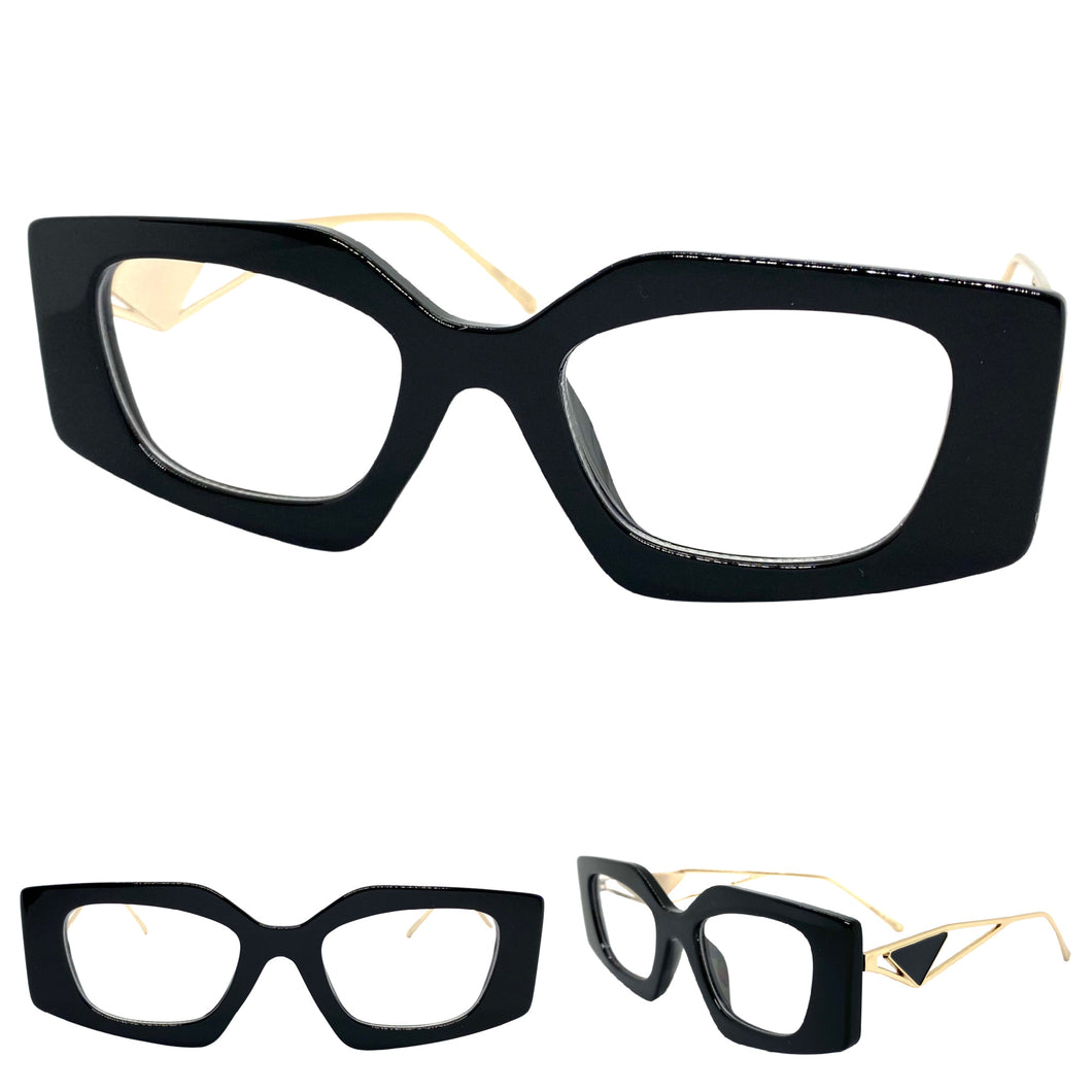 Classy Modern Retro Cat Eye Style Clear Lens EYEGLASSES Black & Gold Optical Frame - RX Capable 96515