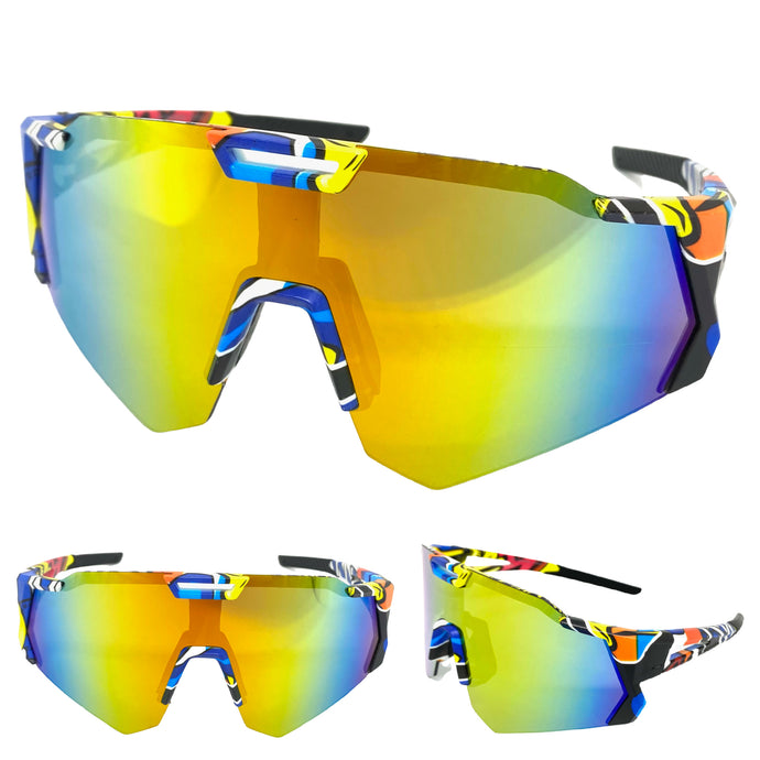 Oversized Retro Sporty Wrap Around Style SUNGLASSES Large Graffiti Frame 39084