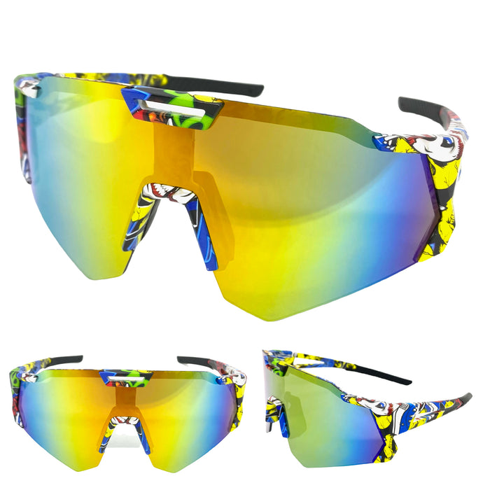 Oversized Retro Sporty Wrap Around Style SUNGLASSES Large Graffiti Frame 39084