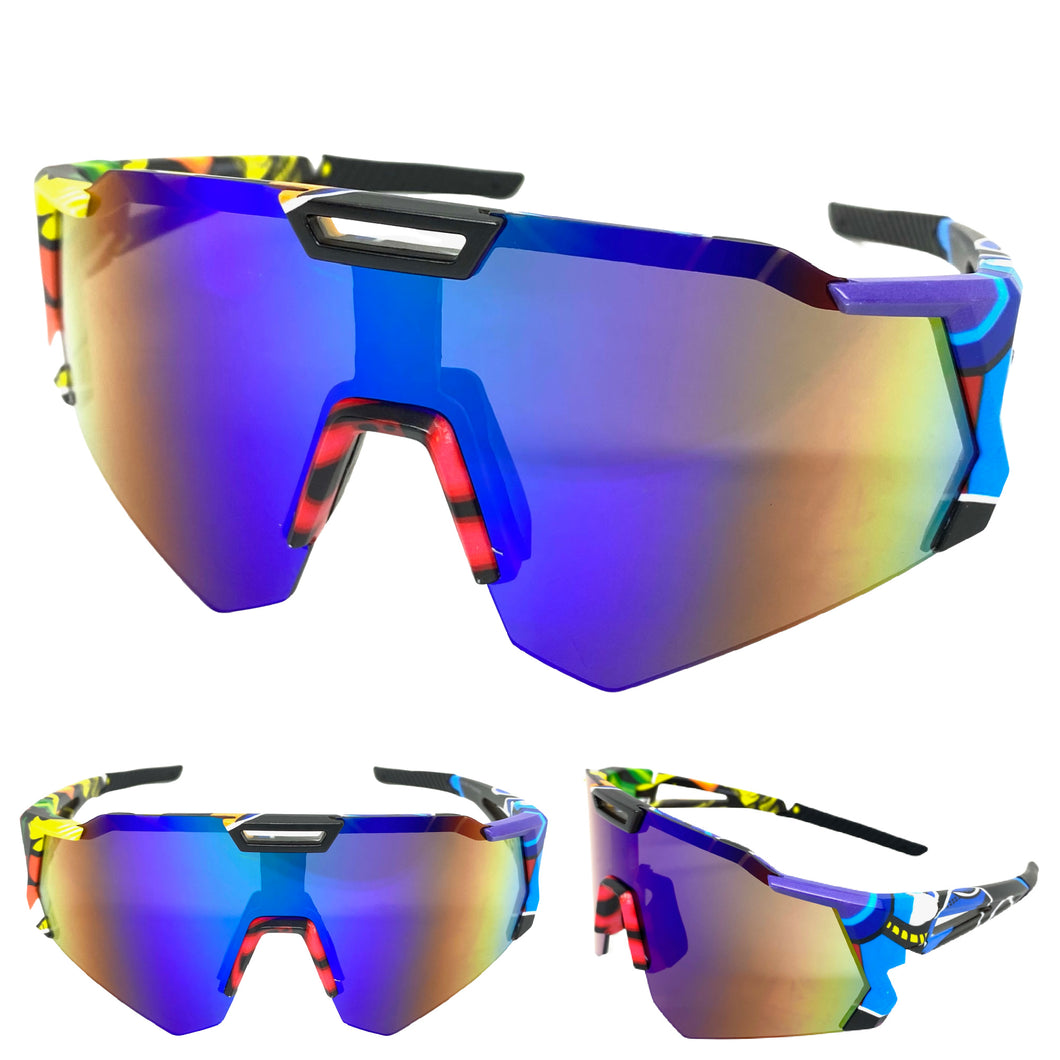 Oversized Retro Sporty Wrap Around Style SUNGLASSES Large Graffiti Frame 39084