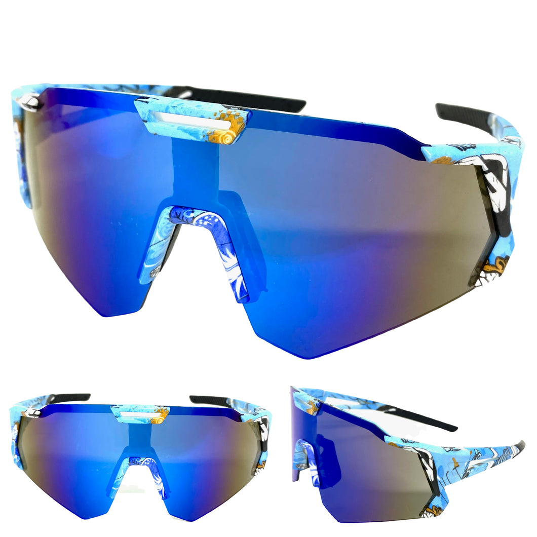 Oversized Retro Sporty Wrap Around Style SUNGLASSES Large Graffiti Frame 39084