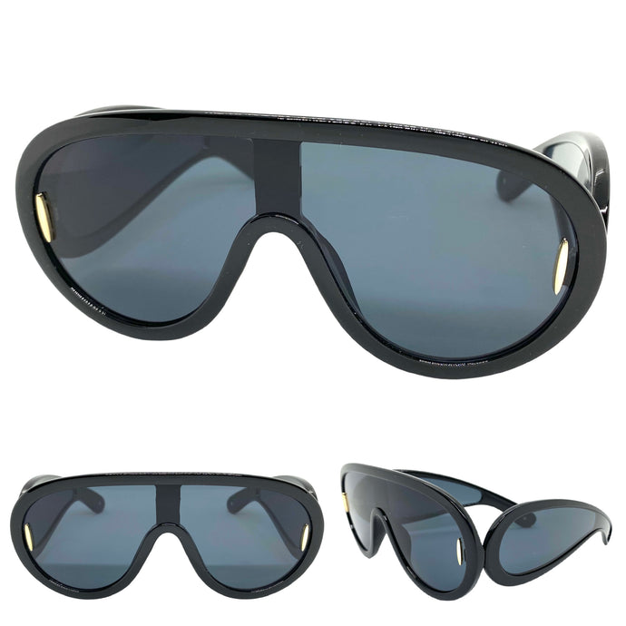 Oversized Modern Retro Shield Style SUNGLASSES Large Black Frame 3020