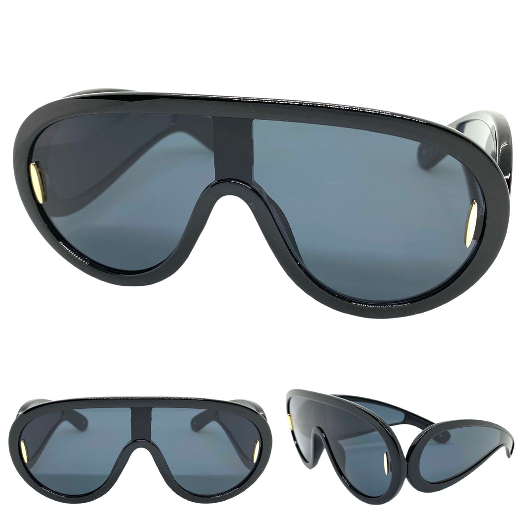 Oversized Modern Retro Shield Style SUNGLASSES Large Black Frame 3020