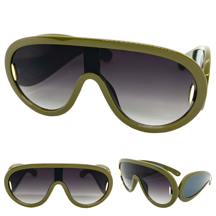 Oversized Modern Retro Shield Style SUNGLASSES Large Green Frame 3020