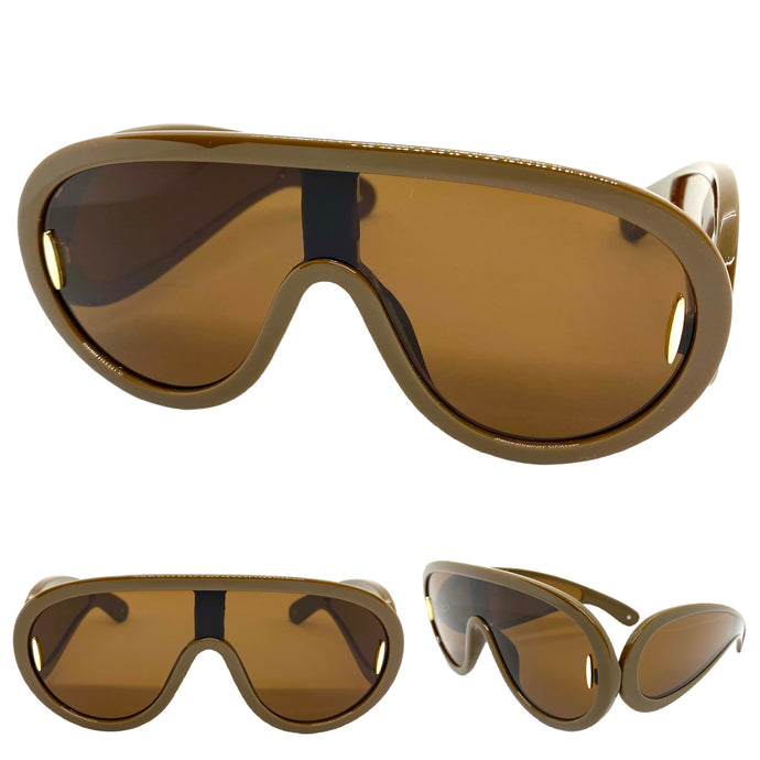 Oversized Modern Retro Shield Style SUNGLASSES Large Brown Frame 3020