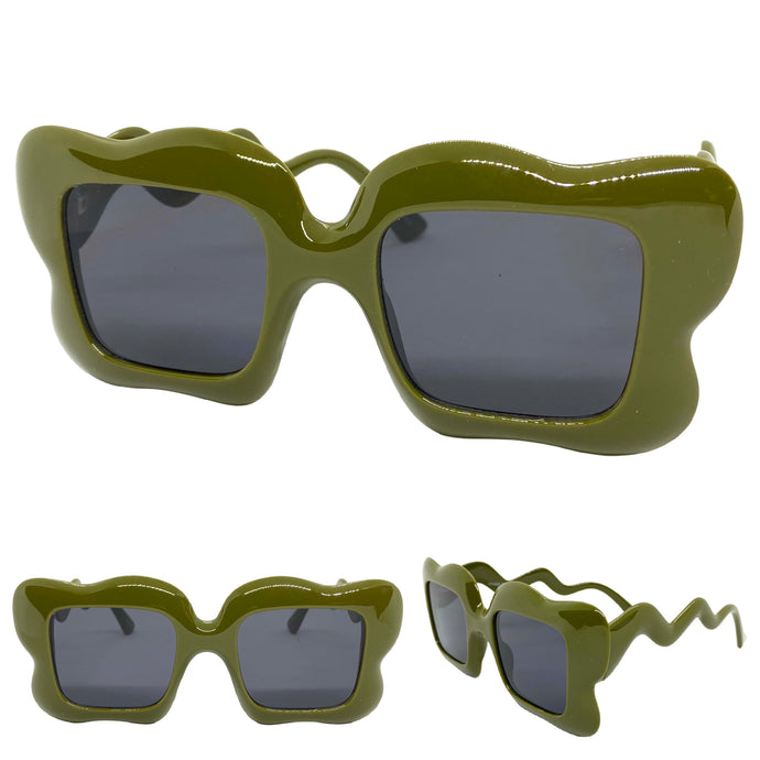 Oversized Exaggerated Vintage Retro Style SUNGLASSES Funky Olive Green Frame 80559