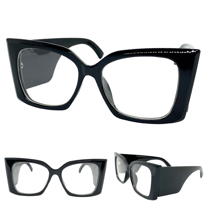 Oversized Exaggerated Retro Cat Eye Style Clear Lens EYEGLASSES Super Thick Black Optical Frame - RX Capable 6107