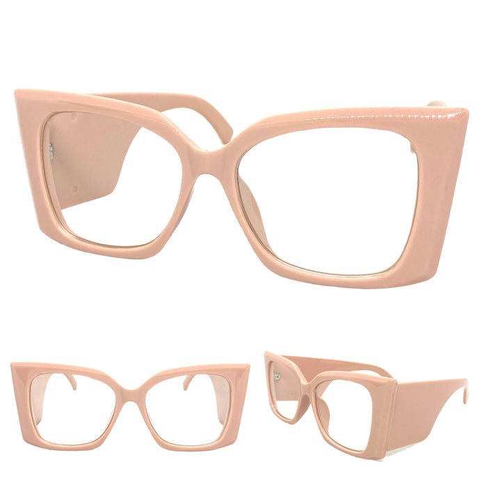 Oversized Exaggerated Retro Cat Eye Style Clear Lens EYEGLASSES Super Thick Pink Optical Frame - RX Capable 6107