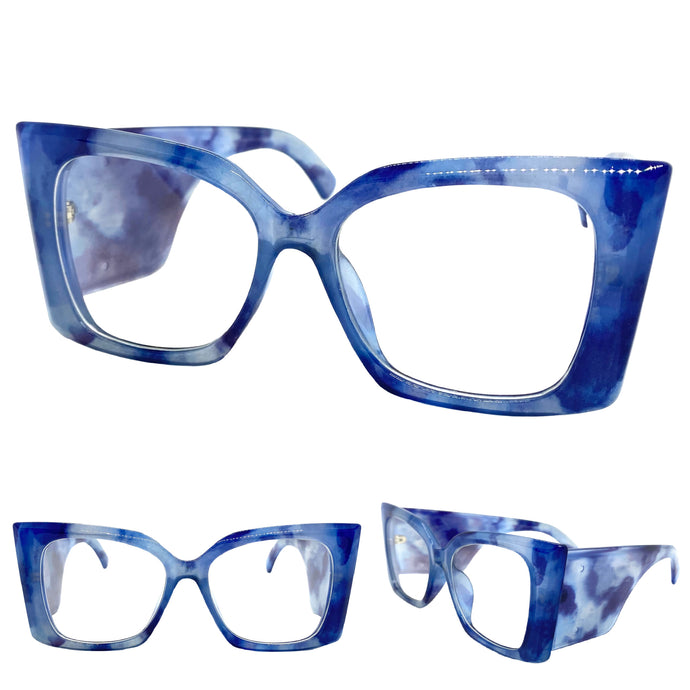 Oversized Exaggerated Retro Cat Eye Style Clear Lens EYEGLASSES Super Thick Blue Optical Frame - RX Capable 6107