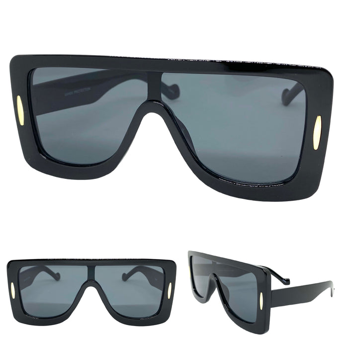 Oversized Modern Retro Shield Style SUNGLASSES Large Black Frame 80568
