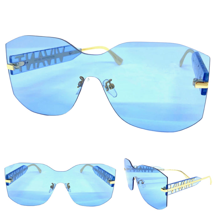 Oversized Contemporary Modern Shield Style SUNGLASSES Rimless Blue Frame 5233