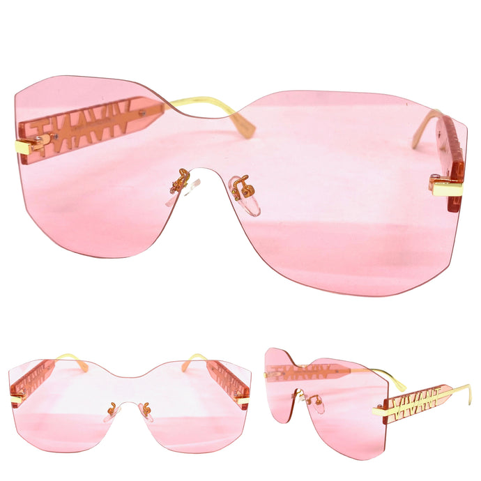 Oversized Contemporary Modern Shield Style SUNGLASSES Rimless Pink Frame 5233