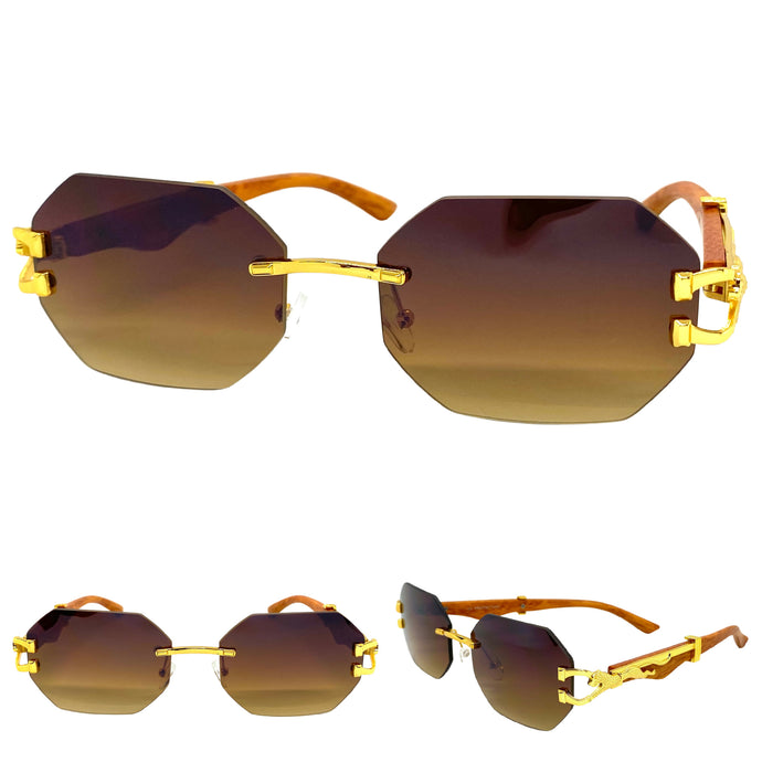 Men's Classy Elegant Luxury Designer Hip Hop Style SUNGLASSES Gold & Faux Wooden Frame 27670