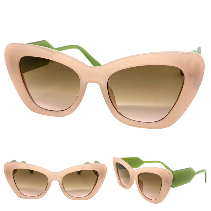 Classic Vintage Retro Cat Eye Style SUNGLASSES Large Pink & Green Frame 3628