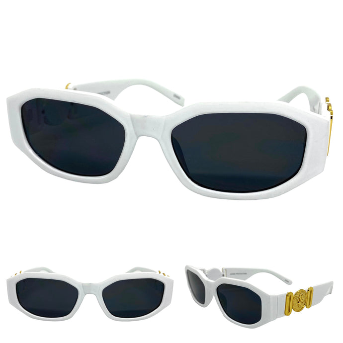 Classic Luxury Designer Hip Hop Style SUNGLASSES White Frame with Gold Medallion 80509
