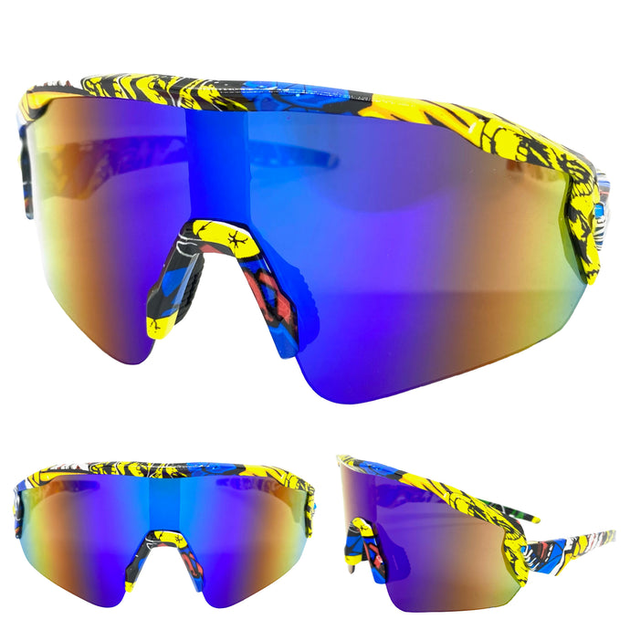 Oversized Sporty Wrap Around Style SUNGLASSES Large Graffiti Frame 80469