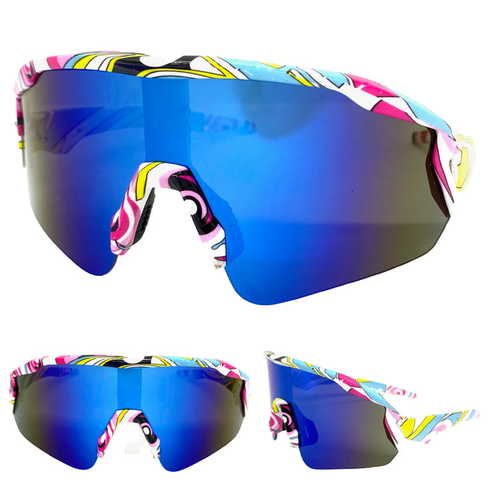 Oversized Sporty Wrap Around Style SUNGLASSES Large Graffiti Frame 80469