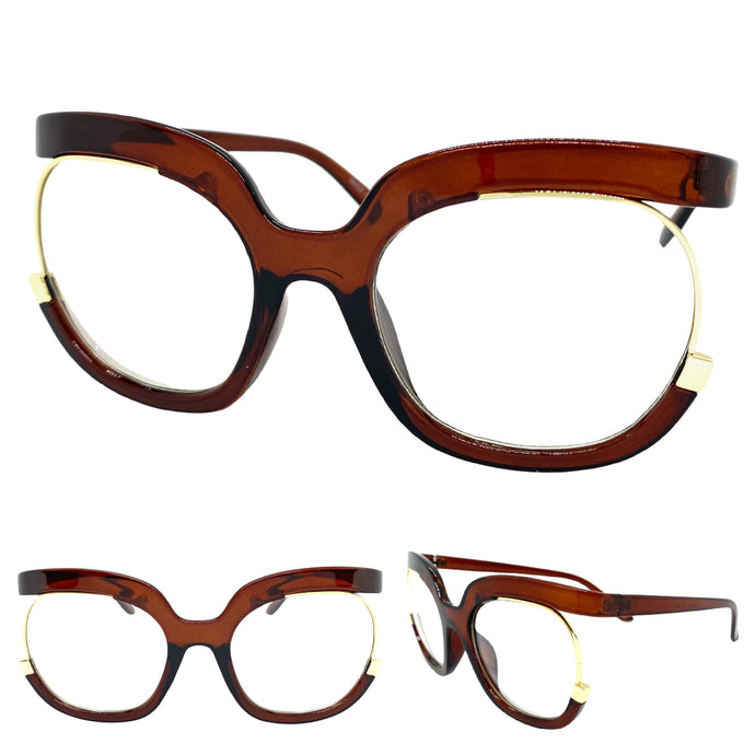 Oversized Vintage Retr Style Clear Lens with Slight Tint SUNGLASSES Brown Frame E1917