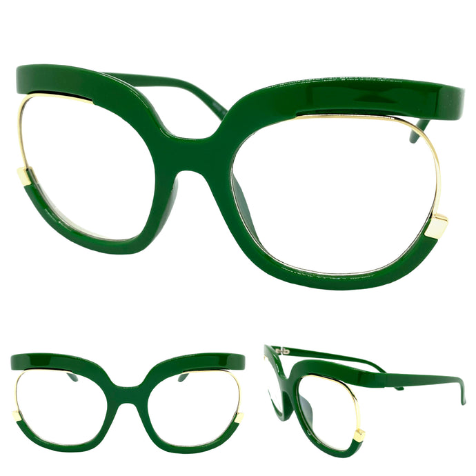 Oversized Vintage Retr Style Clear Lens with Slight Tint SUNGLASSES Green Frame E1917