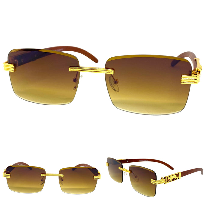 Men's Classy Elegant Sophisticated Style SUNGLASSES Gold & Wooden Frame E0957