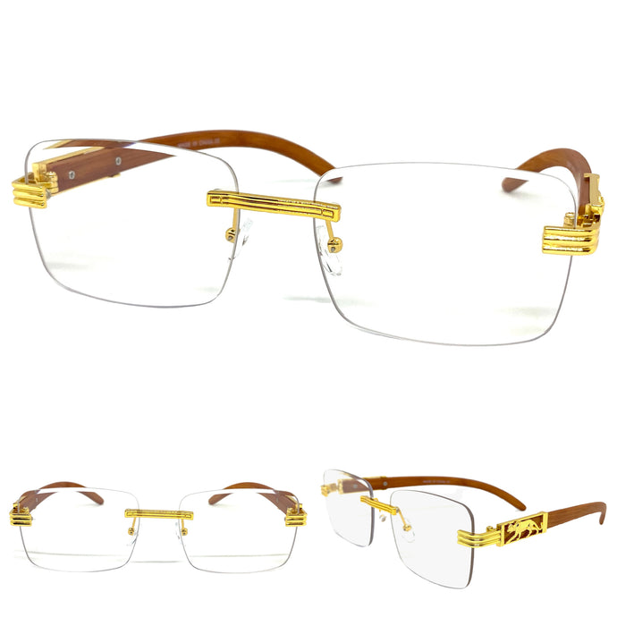 Men's Classy Elegant Sophisticated Style Clear Lens EYEGLASSES Gold & Wooden Frame E0957