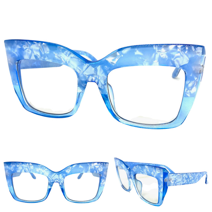 Oversized Classic Vintage Retro Style Clear Lens with Slight Tint SUNGLASSES Thick Blue Frame E1922