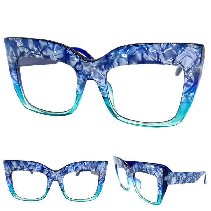 Oversized Classic Vintage Retro Style Clear Lens with Slight Tint SUNGLASSES Thick Blue Frame E1922