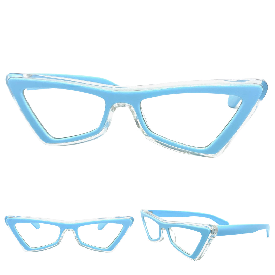 Classy Elegant Modern Retro Cat Eye Style Clear Lens with Slight Tint SUNGLASSES Baby Blue Frame E1997