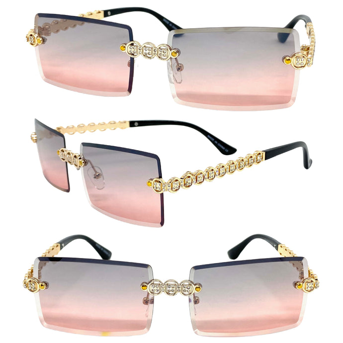 Classy Elegant Luxury Modern Bling Hip Hop Style SUNGLASSES Gold Rimless Frame E0927