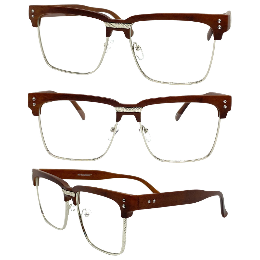 Classy Elegant Sophisticated Luxury Style Clear Lens EYEGLASSES Faux Wood & Silver Frame WD746