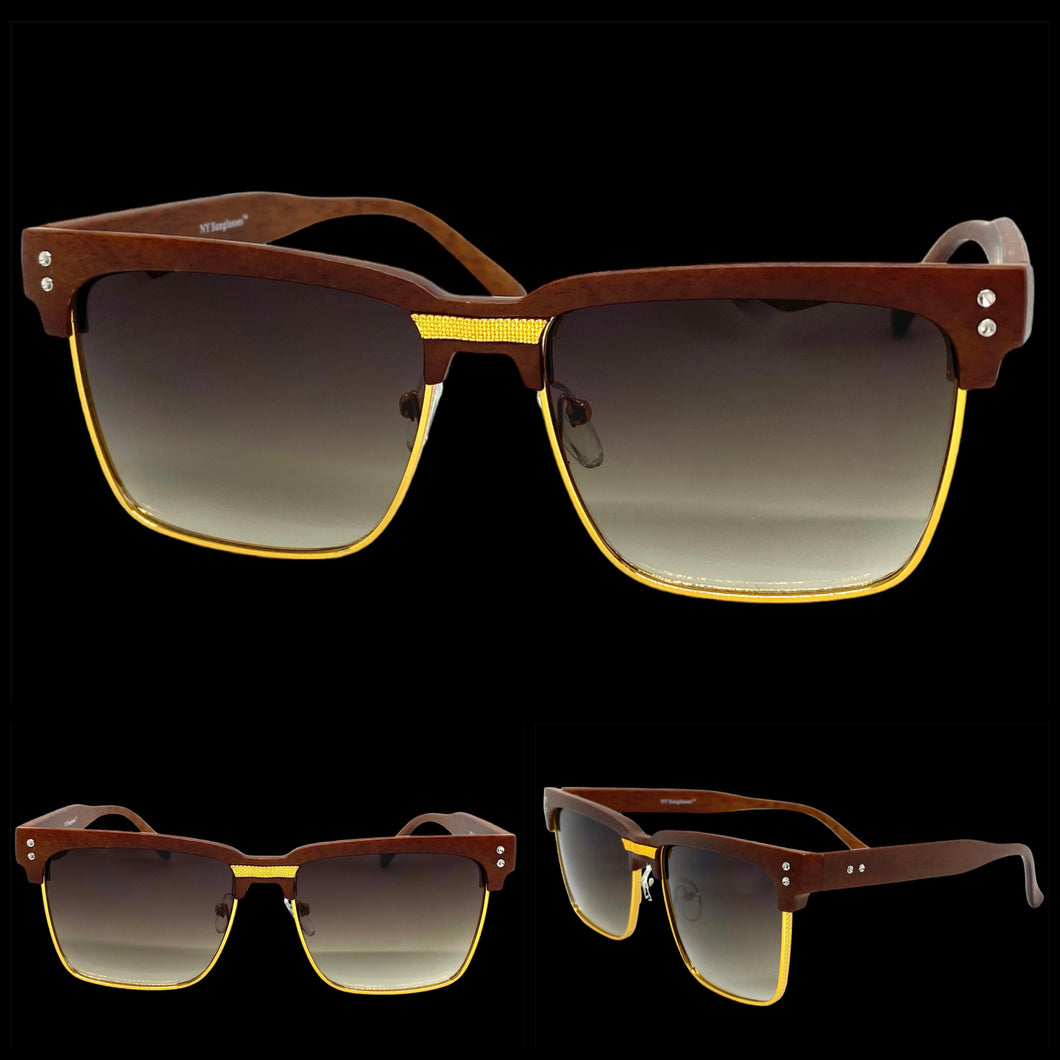 Classy Elegant Sophisticated Luxury Style SUNGLASSES Square Wood & Gold Frame WD746