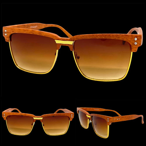 Classy Elegant Sophisticated Luxury Style SUNGLASSES Square Wood & Gold Frame WD746